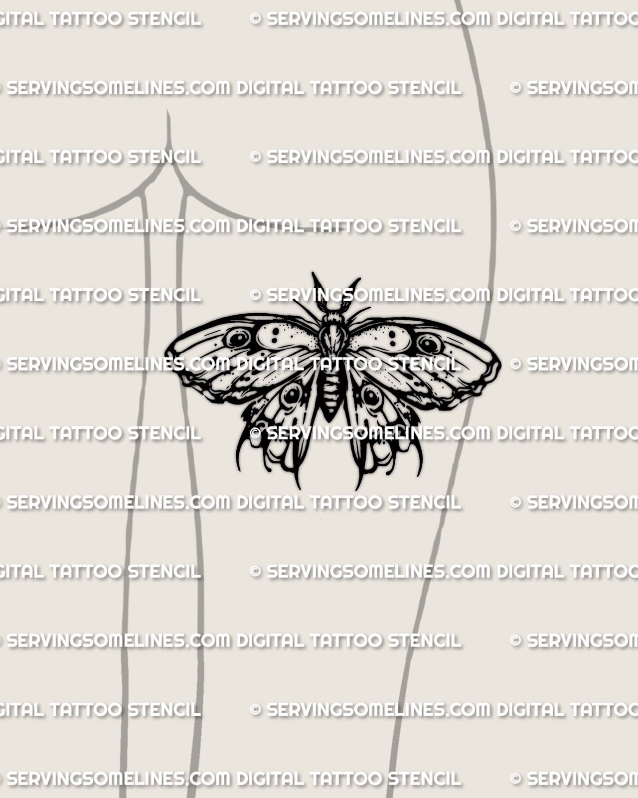 Emperor moth tattoo stencil on back of thigh placement, bold eye spot wings with a clean moth silhouette.