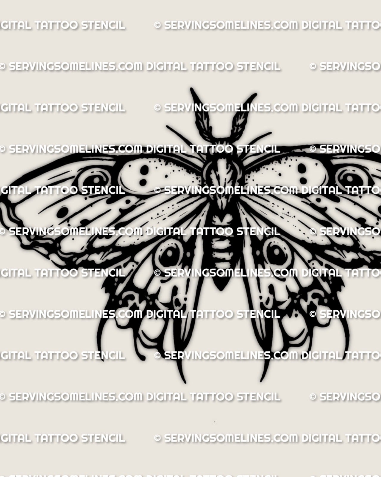 Emperor moth tattoo stencil with bold eye spot wings, clean black line design, instant PNG JPG PDF download.
