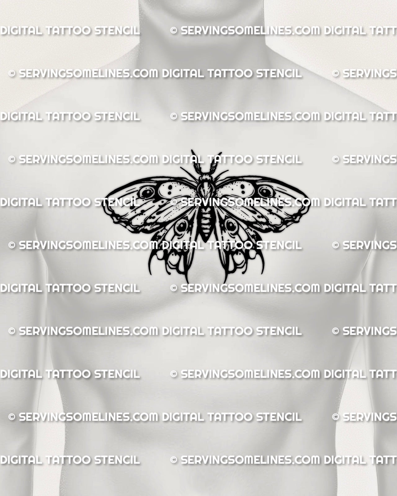 Emperor moth tattoo stencil on mens chest center placement, eye spot moth design sized for a clean centered tattoo.