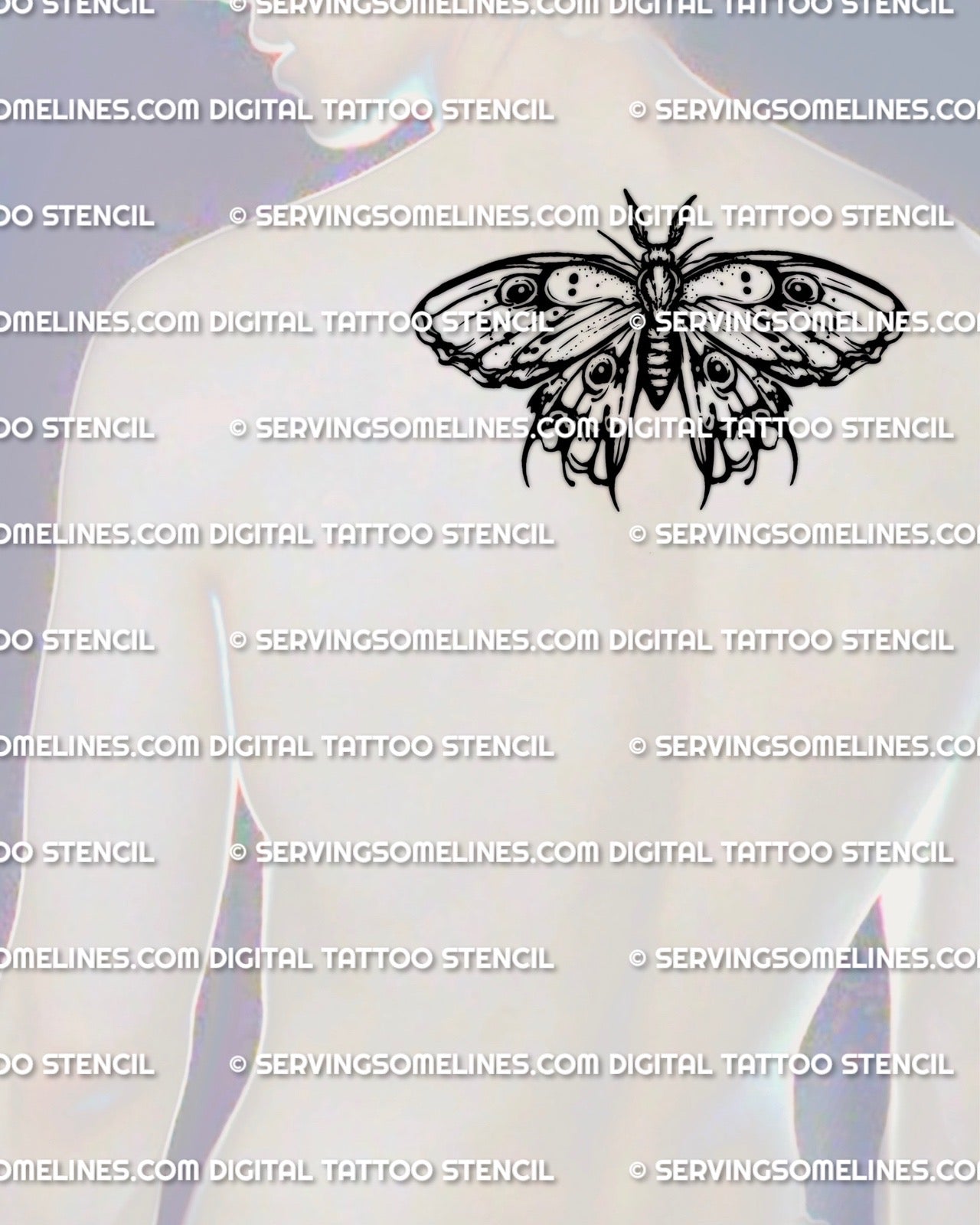 Emperor moth tattoo stencil shown on mens upper back placement, eye spot wings centered for a strong moth tattoo.