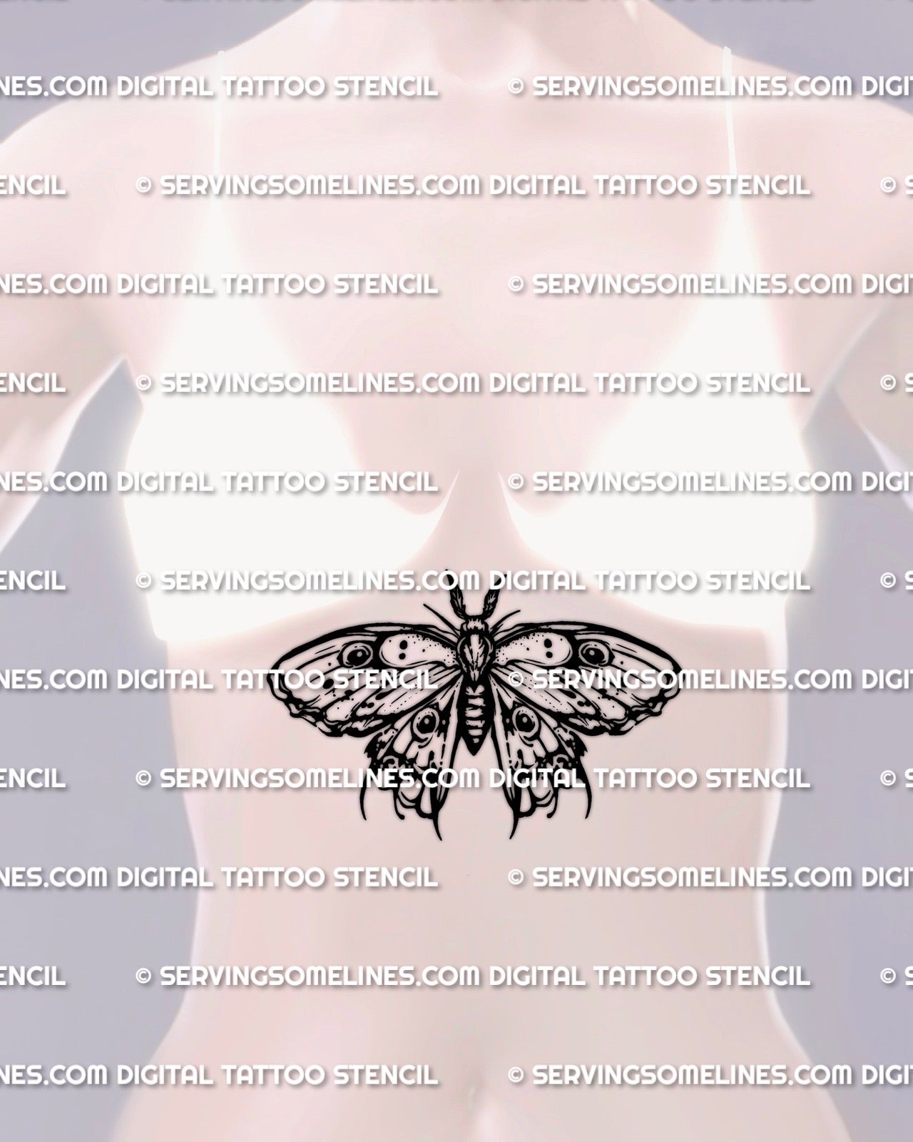 Emperor moth tattoo stencil shown on womens sternum placement, vertical fit that keeps the eye spot wings readable.