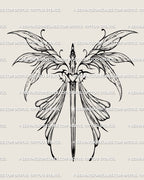Ethereal fairy spine tattoo stencil with butterfly wings and sword design, feminine backpiece linework for angelic and fantasy tattoos. 