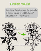 Example request showing gothic rose changed from bold blackwork to fineline, sized about 16 cm for an outer forearm placement.