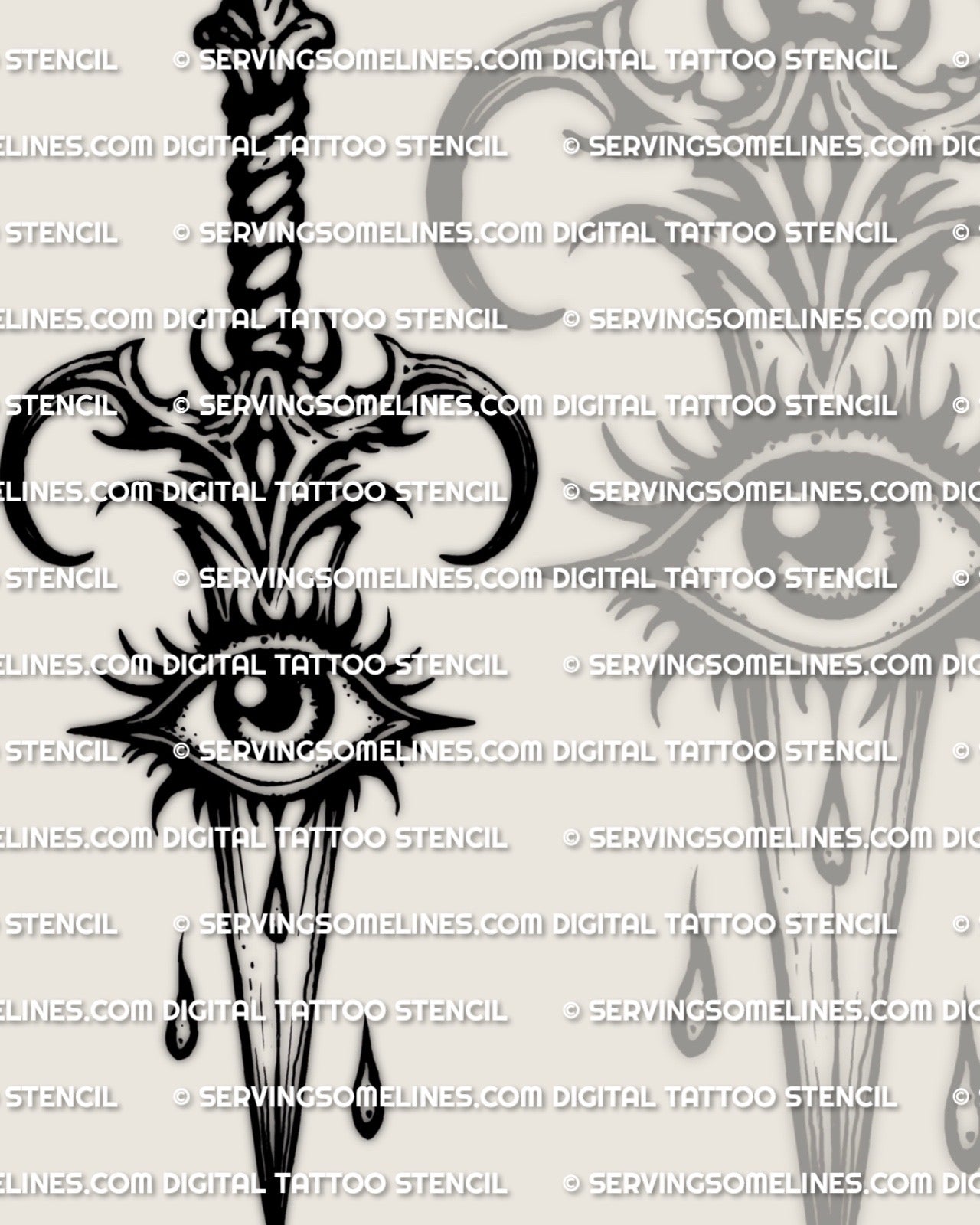 All seeing eye dagger tattoo stencil download, centered eye in guard oval, clean vertical blade, printable PNG JPG PDF.