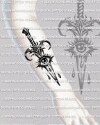 Eye dagger tattoo stencil shown on forearm placement example, clean linework, centered eye guard oval, resize for placement.
