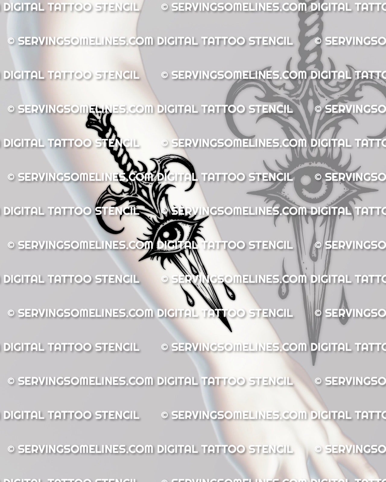 Eye dagger tattoo stencil shown on forearm placement example, clean linework, centered eye guard oval, resize for placement.