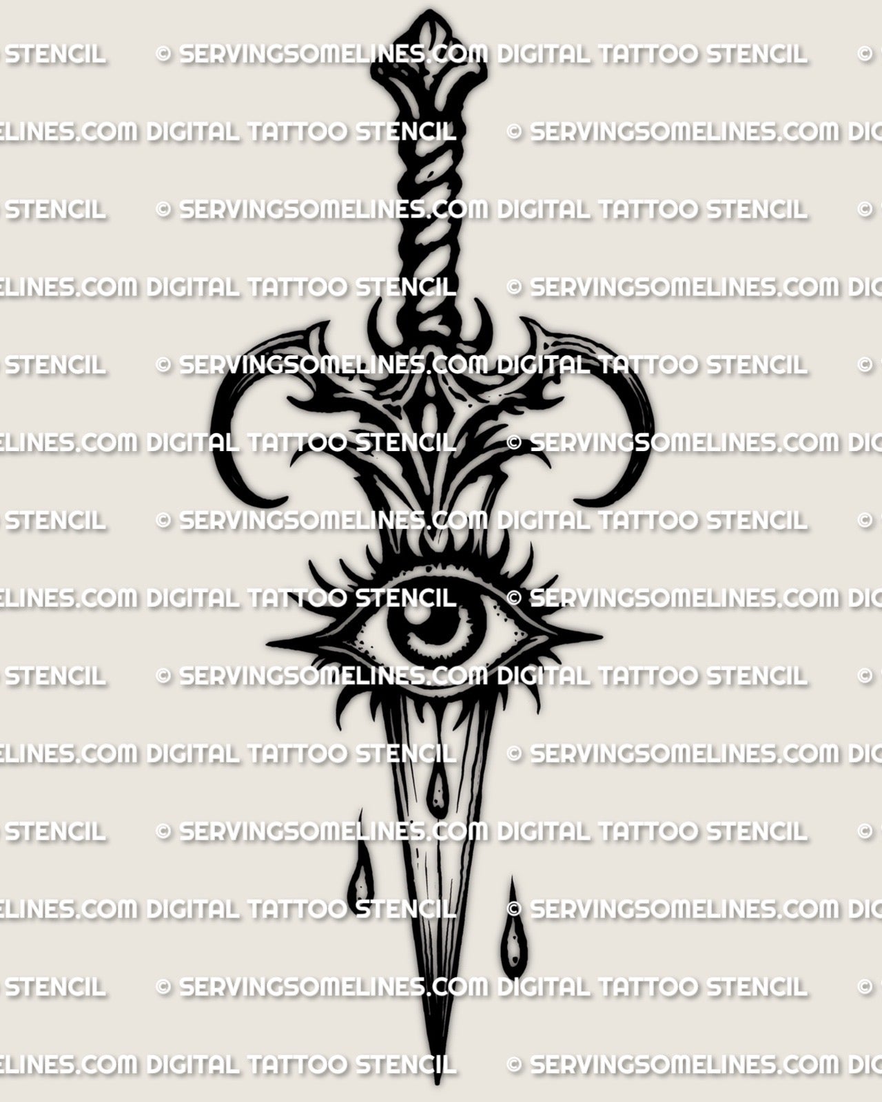 Eye knife tattoo stencil download, dagger with centered eye guard oval, full design view, crisp silhouette for printing and resizing.