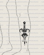 Knife eye tattoo stencil shown on lower leg placement example, long blade fits calf or shin, clean eye guard, printable files.