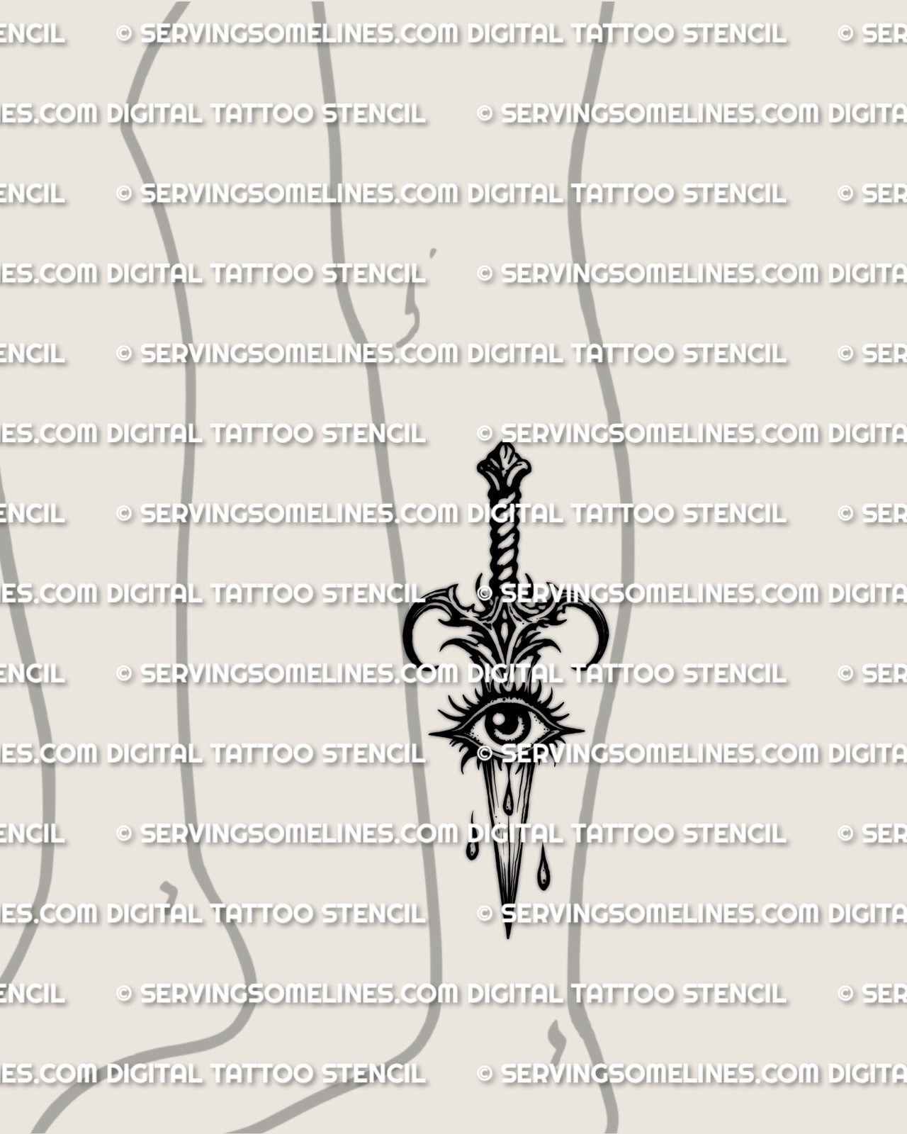 Knife eye tattoo stencil shown on lower leg placement example, long blade fits calf or shin, clean eye guard, printable files.