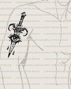 All seeing eye dagger tattoo stencil shown on men’s bicep placement example, eye set in guard oval, vertical blade, stencil download.