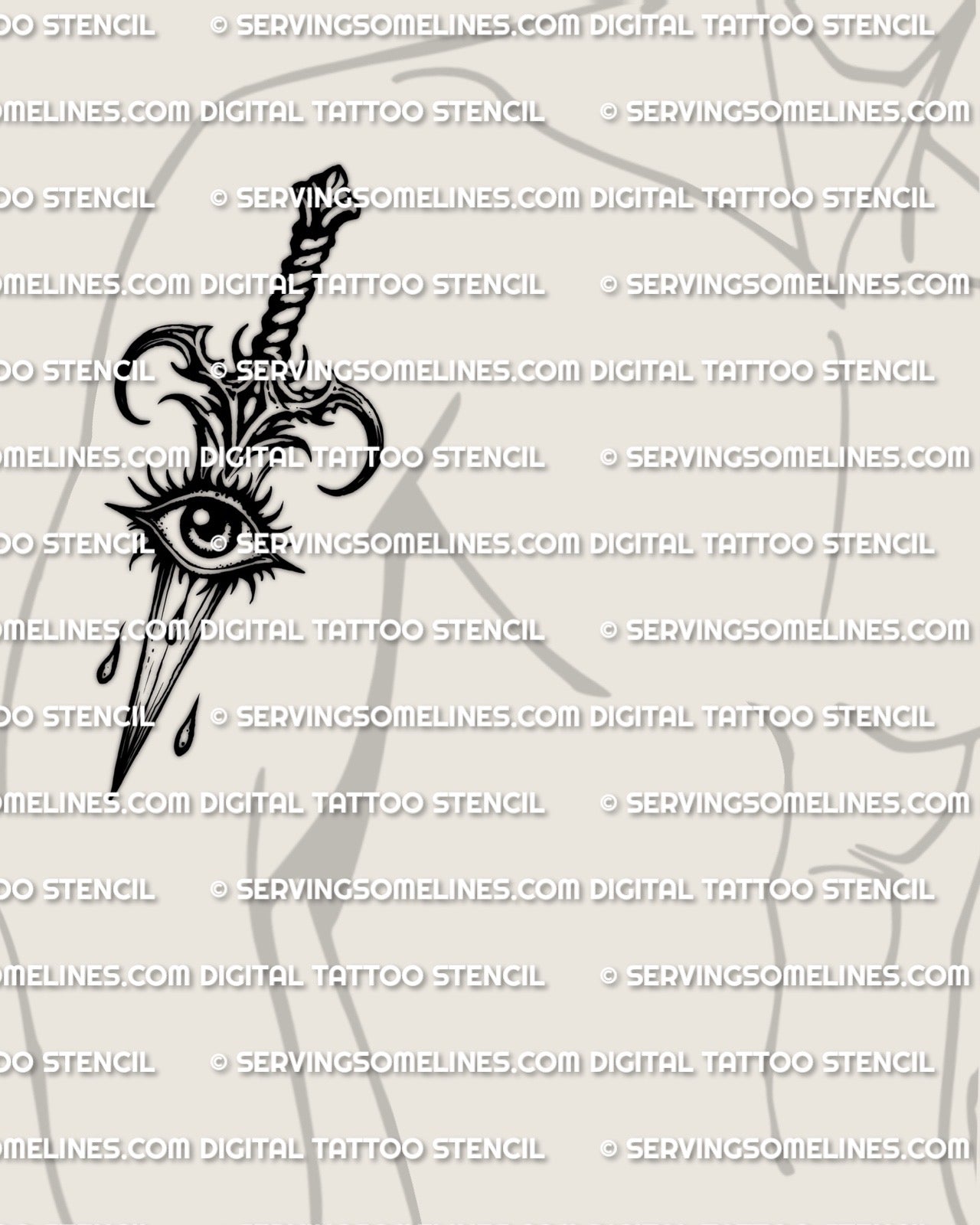 All seeing eye dagger tattoo stencil shown on men’s bicep placement example, eye set in guard oval, vertical blade, stencil download.