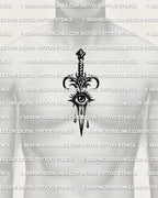 Eye dagger tattoo stencil shown on men’s chest placement example, bold vertical blade, centered eye guard detail, instant download.