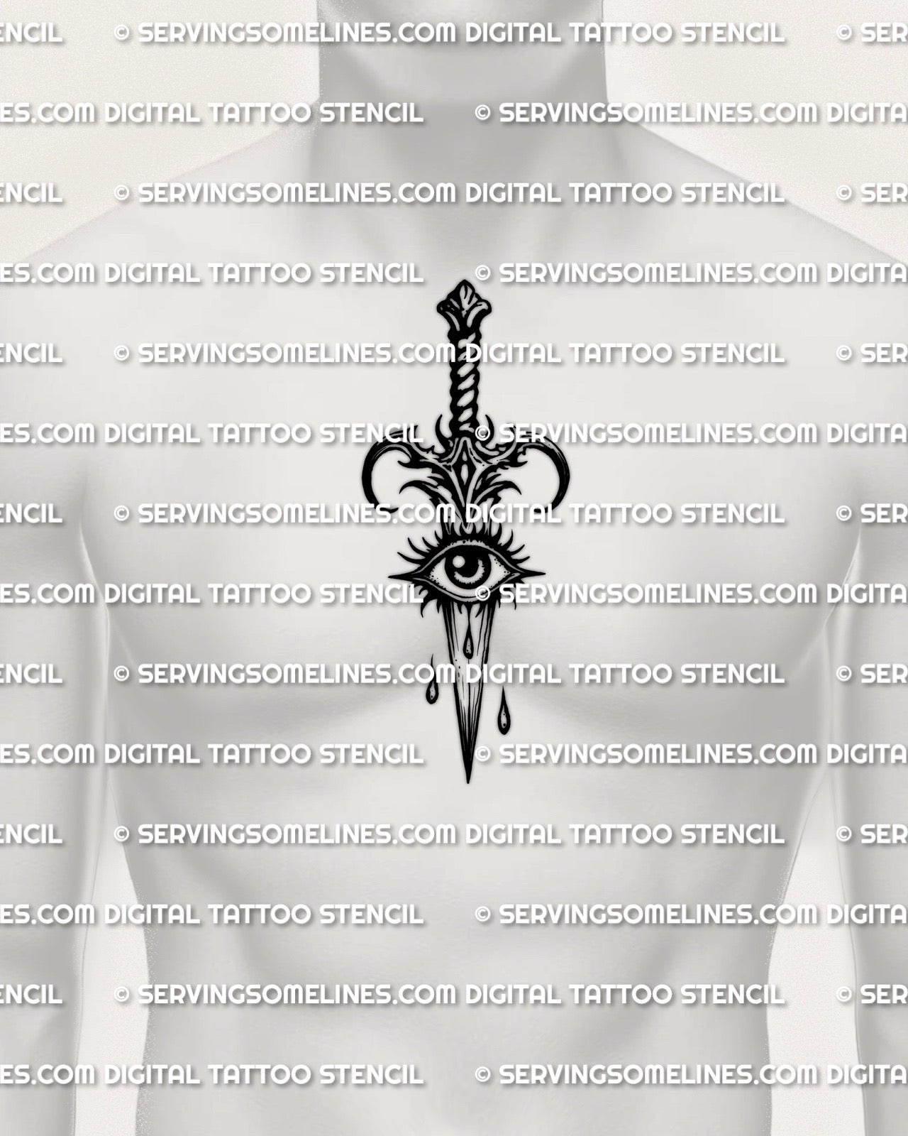 Eye dagger tattoo stencil shown on men’s chest placement example, bold vertical blade, centered eye guard detail, instant download.