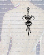 Eye dagger tattoo stencil shown on men’s upper back spine placement, vertical blade centered, eye guard oval, PNG PDF download.