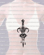 Dagger with eye tattoo stencil shown on women’s sternum placement example, centered eye guard, slim blade layout for chest.