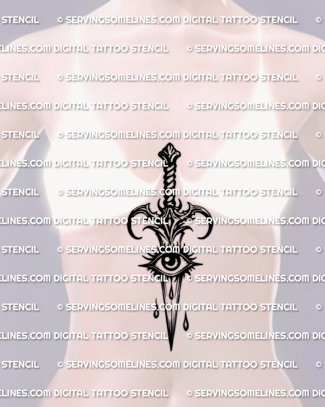 Dagger with eye tattoo stencil shown on women’s sternum placement example, centered eye guard, slim blade layout for chest.