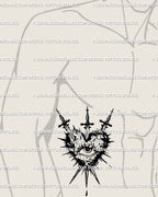 Eye heart tattoo shown on mens ribs placement example, vertical heart with three swords and sharp rays.