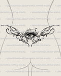 Eye lower back tattoo shown on womens waist placement, with a centered eye, soft framing, and a wide decorative spread.