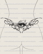 Eye lower back tattoo shown on womens waist placement, with a centered eye, soft framing, and a wide decorative spread.