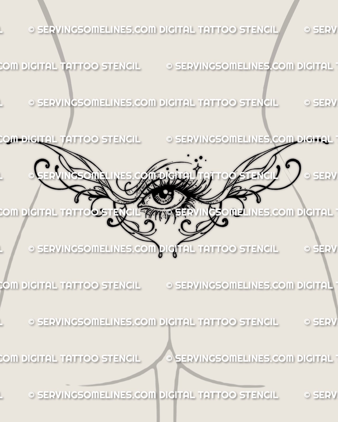 Eye lower back tattoo shown on womens waist placement, with a centered eye, soft framing, and a wide decorative spread.