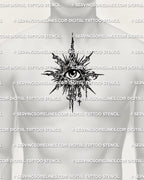 Eye of providence tattoo stencil shown on mens chest placement example, geometric eye symbol with printable download files.