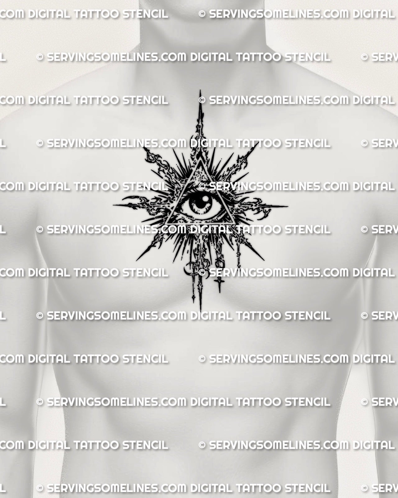 Eye of providence tattoo stencil shown on mens chest placement example, geometric eye symbol with printable download files.
