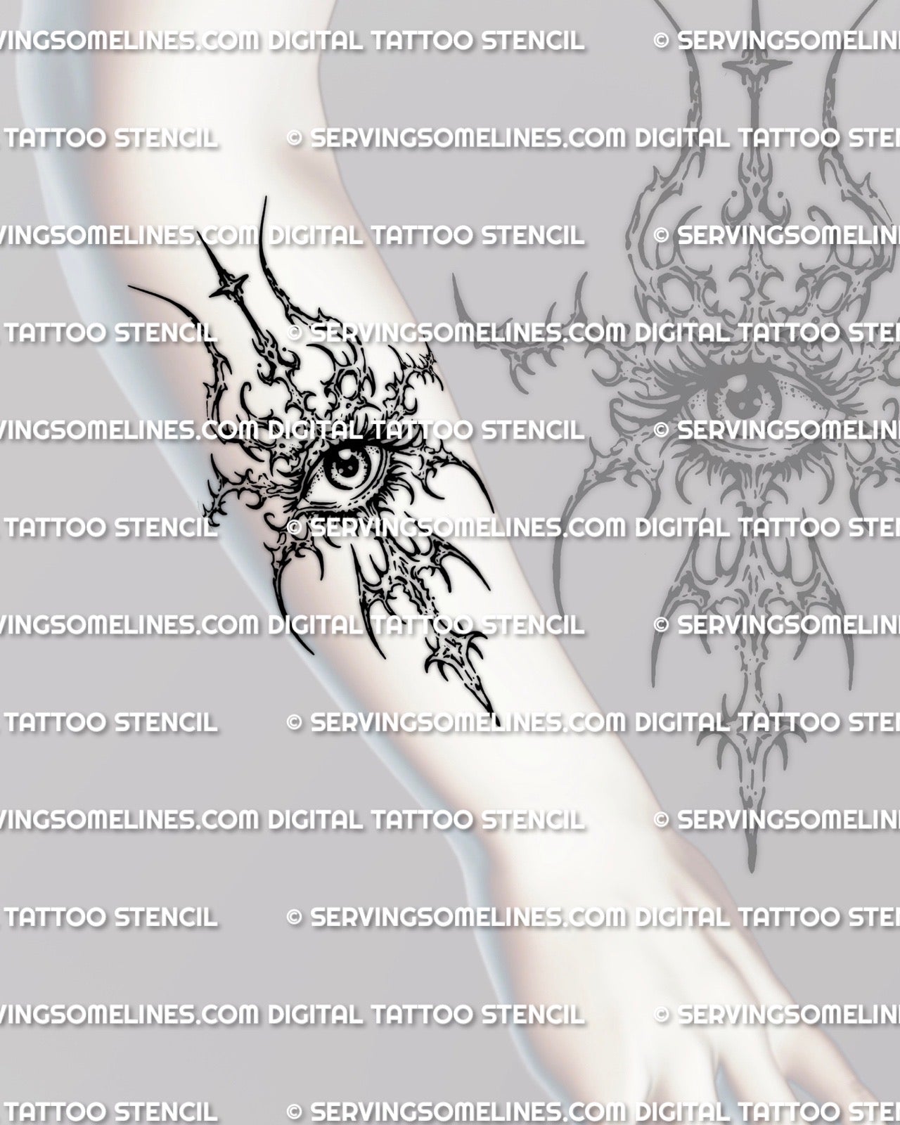 Eye sigil tattoo stencil shown on forearm placement preview, occult symbolic eye design with digital download files.
