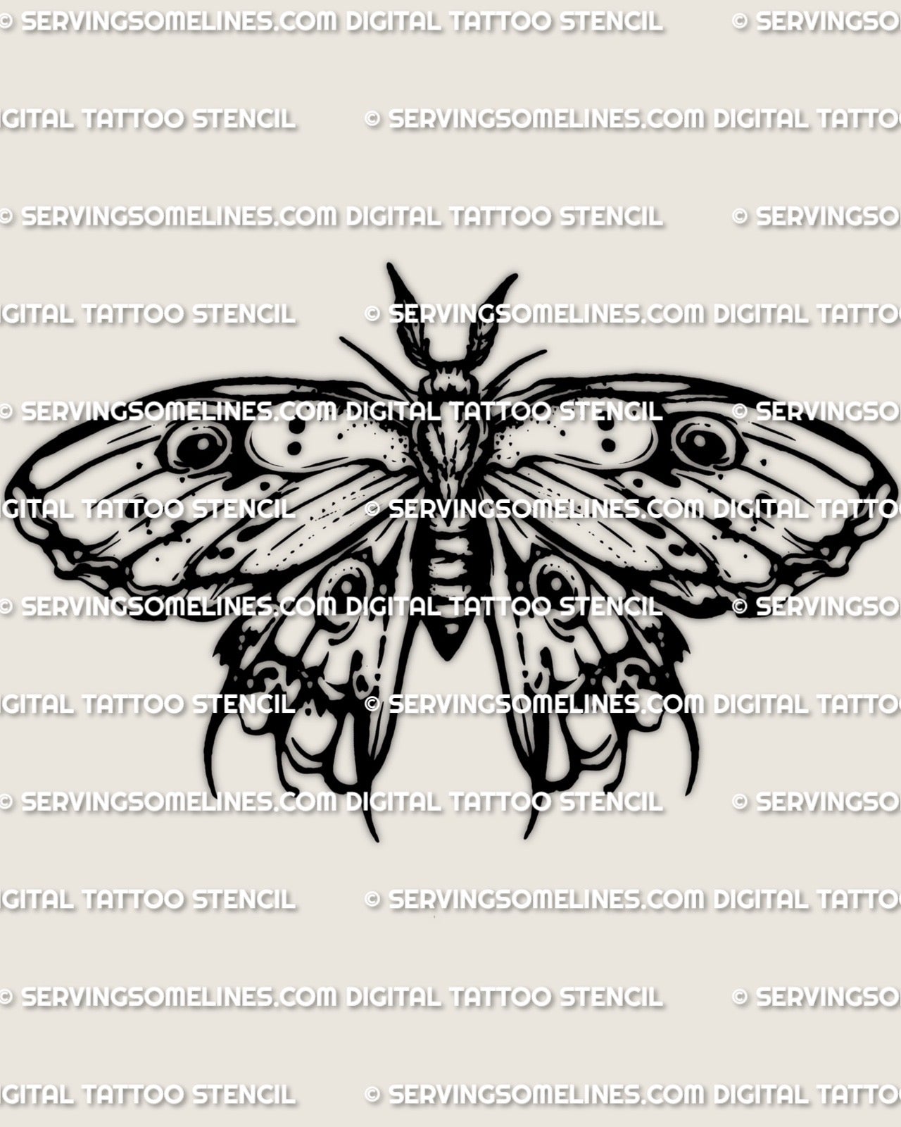 Eye spot moth tattoo stencil download, emperor moth wing pattern with clear outline, printable stencil files included.