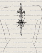 Eye sword spine tattoo stencil shown on women’s upper back mockup with central eye motif and long vertical blade