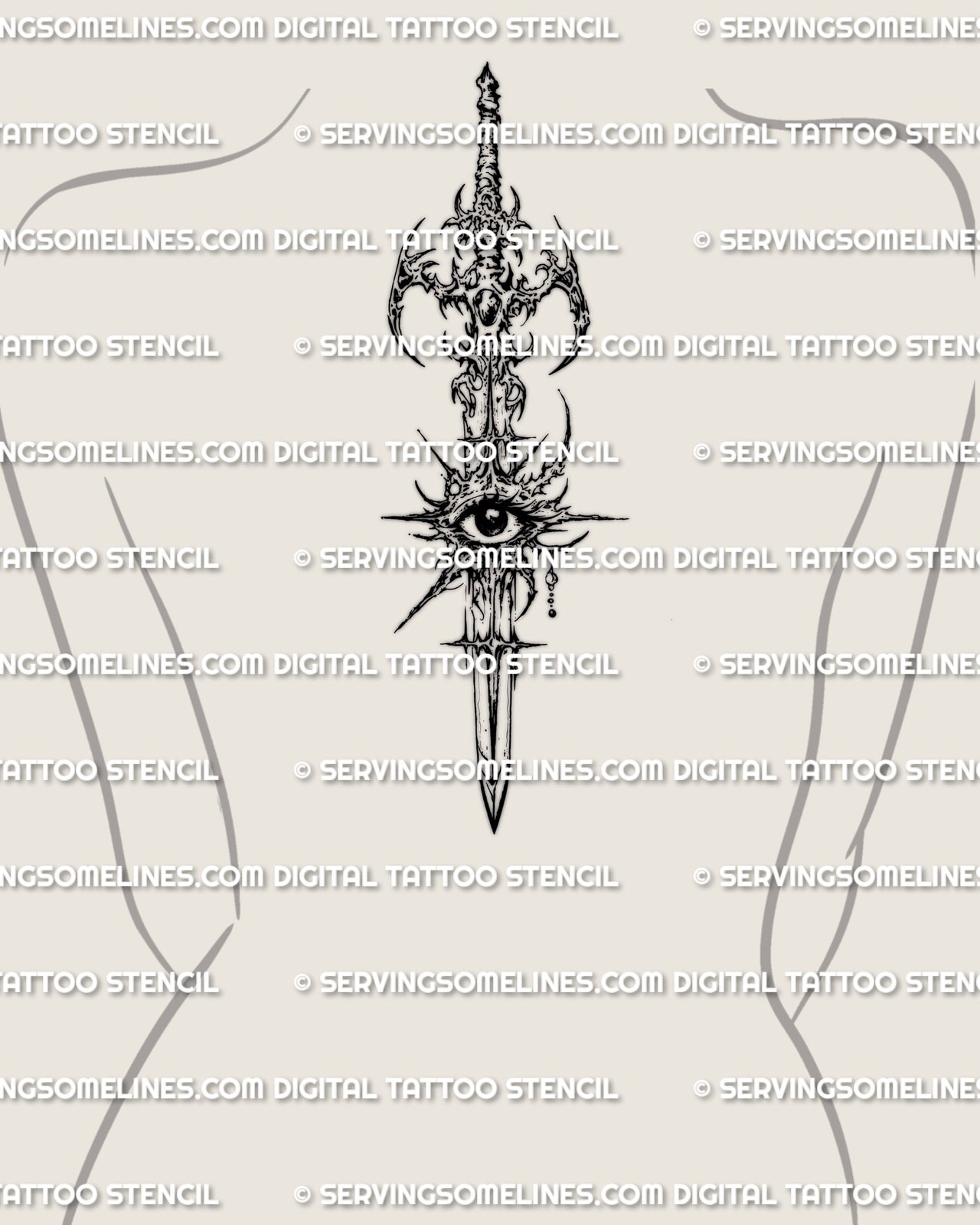 Eye sword spine tattoo stencil shown on women’s upper back mockup with central eye motif and long vertical blade