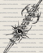 Close detail of eye sword tattoo stencil with sharp cyber linework, central eye motif, and vertical weapon structure