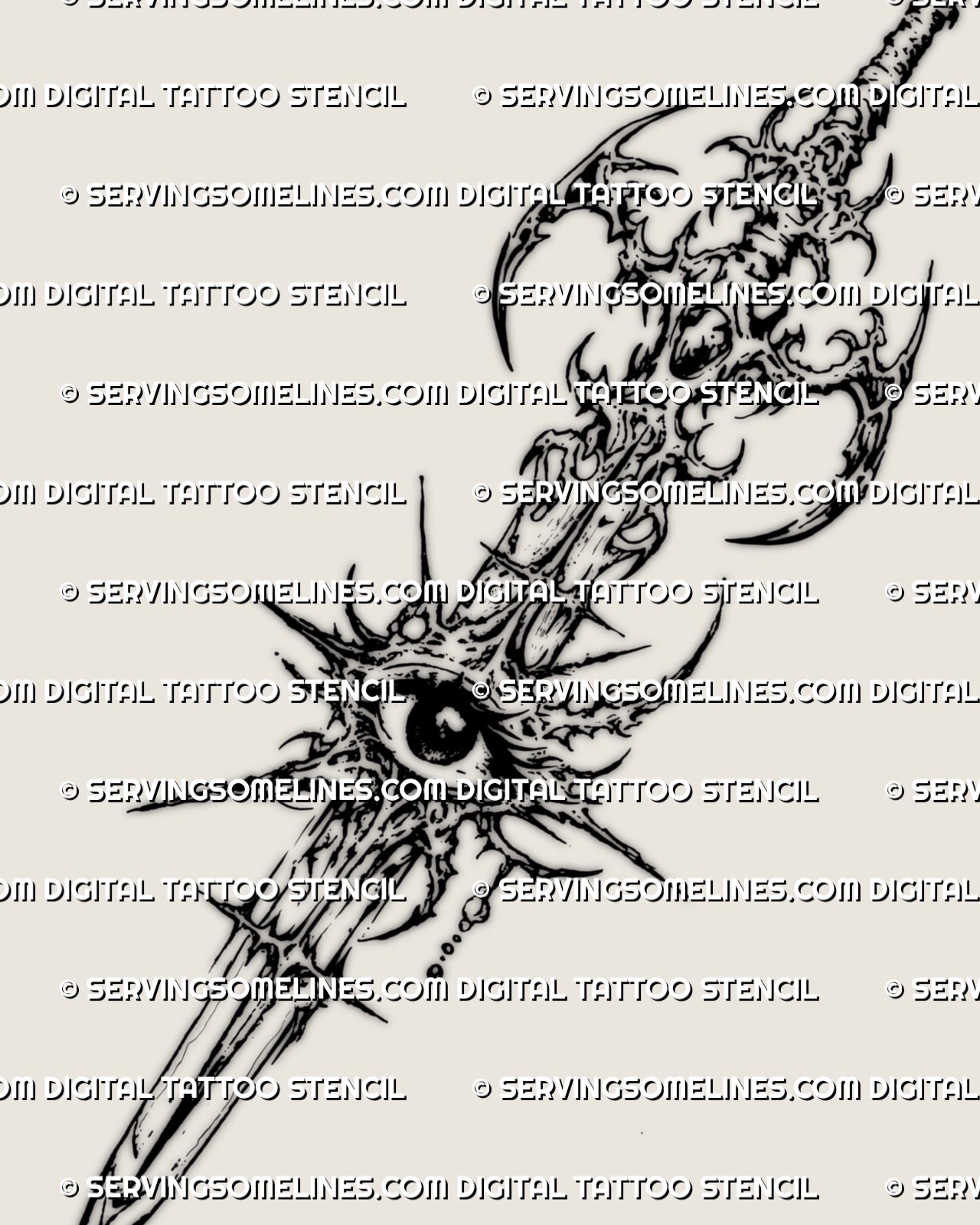 Close detail of eye sword tattoo stencil with sharp cyber linework, central eye motif, and vertical weapon structure