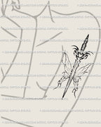 Fae sword tattoo with heart as a feminine arm idea, butterfly wings meet subtle tribal curves for soft strength and clear symbolism. 