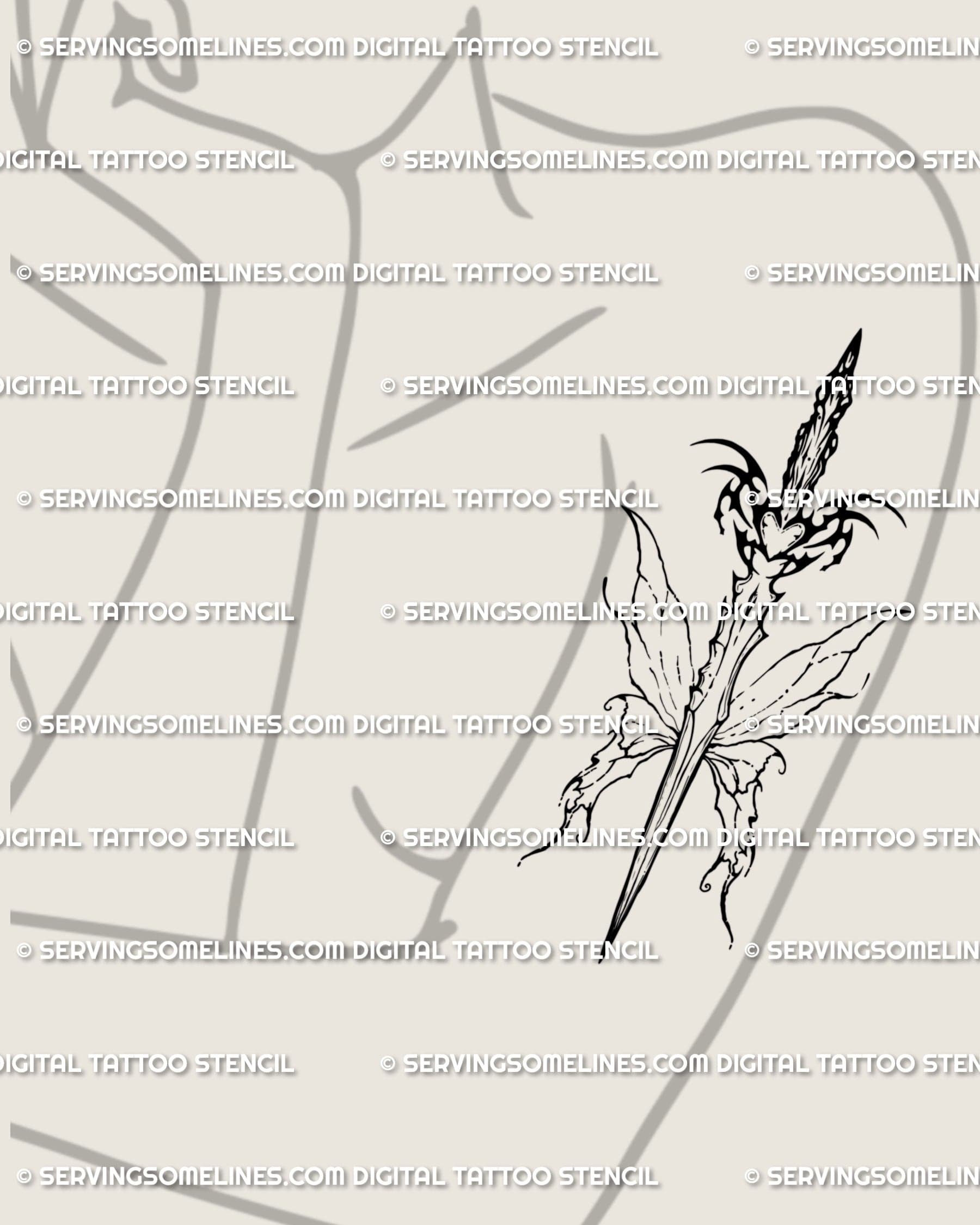 Fae sword tattoo with heart as a feminine arm idea, butterfly wings meet subtle tribal curves for soft strength and clear symbolism. 