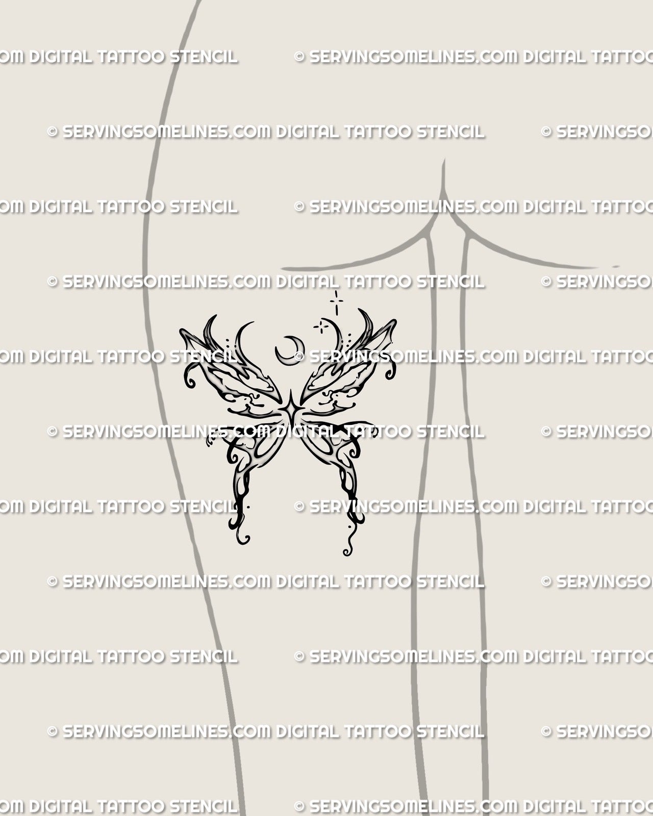 Abstract fairy butterfly tattoo stencil mockup on back of thigh, moon and leaf details create soft spring celestial look.