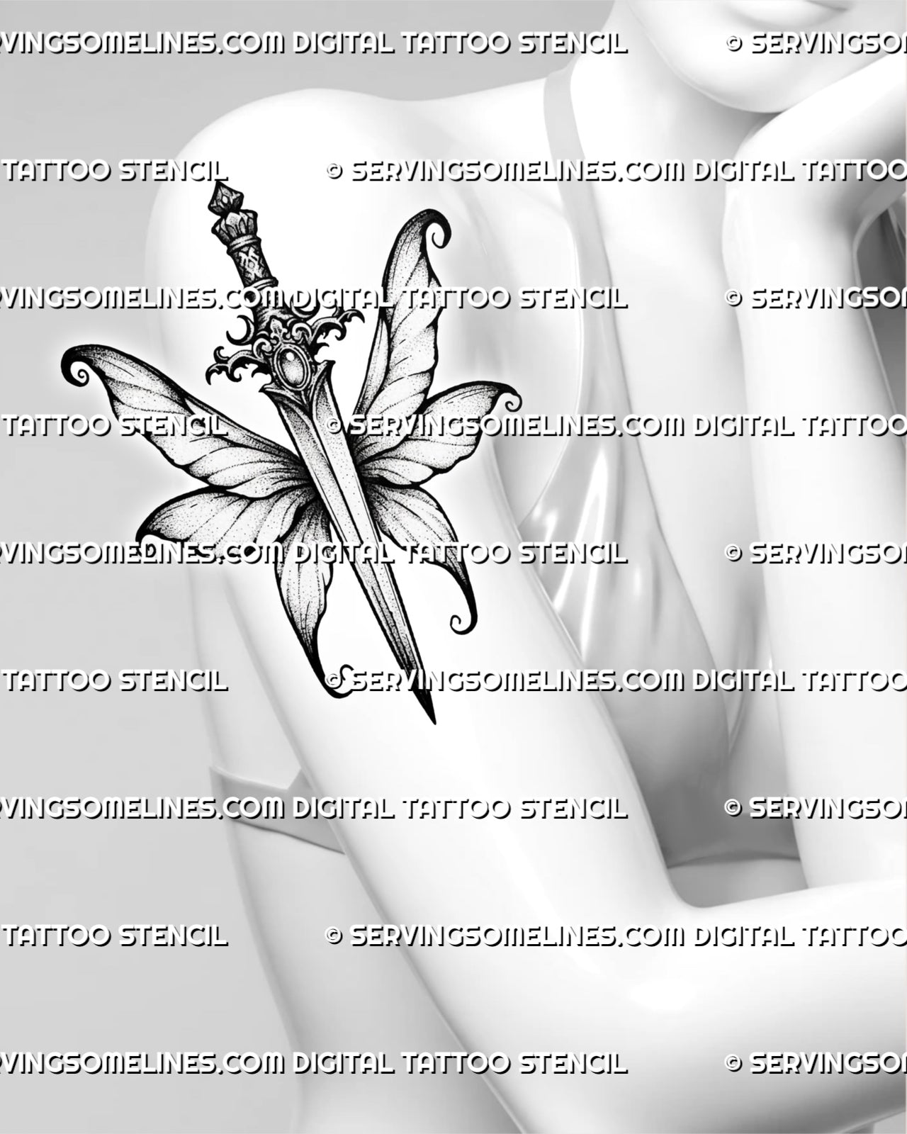 Fairy dagger tattoo stencil shown on women's arm, with a slim blade, ornate gem hilt, and fairy wing detail.