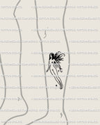 fairy outline tattoo with flaming gothic wings placed on lower leg calf, small black line design for feminine style 