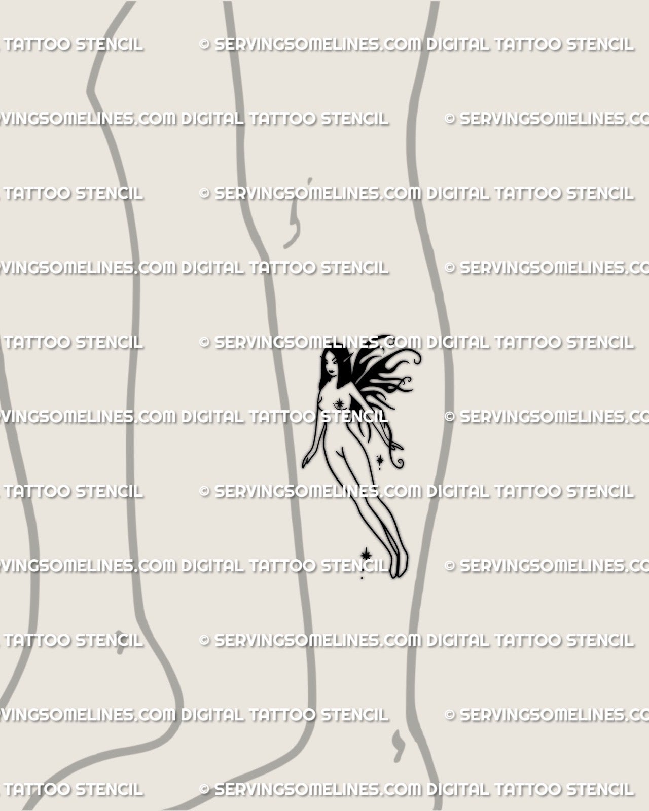 fairy outline tattoo with flaming gothic wings placed on lower leg calf, small black line design for feminine style 