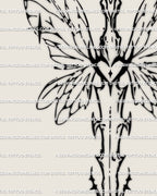 Close view of fairy sword tattoo stencil, wing vein panels and fineline edges, crisp blade and crossguard detail.