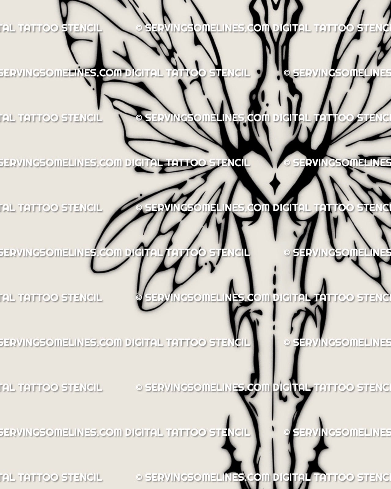 Close view of fairy sword tattoo stencil, wing vein panels and fineline edges, crisp blade and crossguard detail.