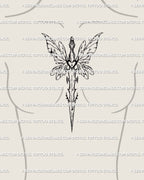 Fairy sword tattoo stencil shown on sternum placement, centered vertical fit, wide airy wings, fantasy sword vibe.
