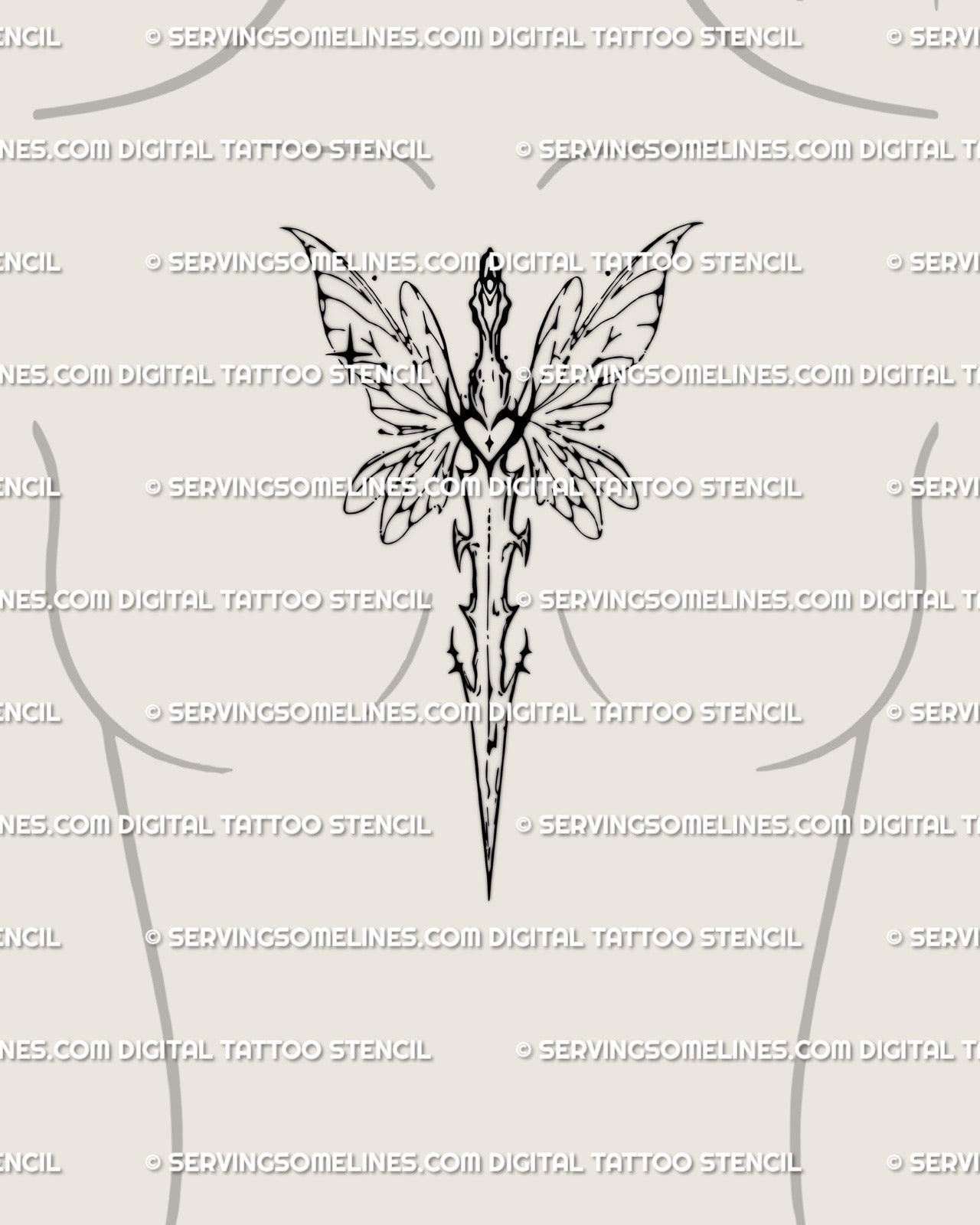 Fairy sword tattoo stencil shown on sternum placement, centered vertical fit, wide airy wings, fantasy sword vibe.