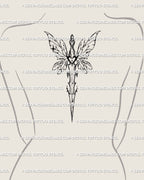 Fairy sword tattoo stencil shown on woman’s spine placement, long vertical sword, wide airy wings at upper third.