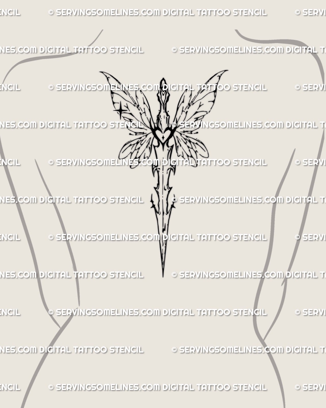 Fairy sword tattoo stencil shown on woman’s spine placement, long vertical sword, wide airy wings at upper third.