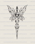 Fairy sword tattoo stencil design with wide airy wings, long sword silhouette, fineline details, clean printable layout.