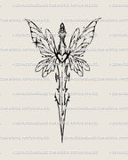 Fairy sword tattoo stencil design with wide airy wings, long sword silhouette, fineline details, clean printable layout.