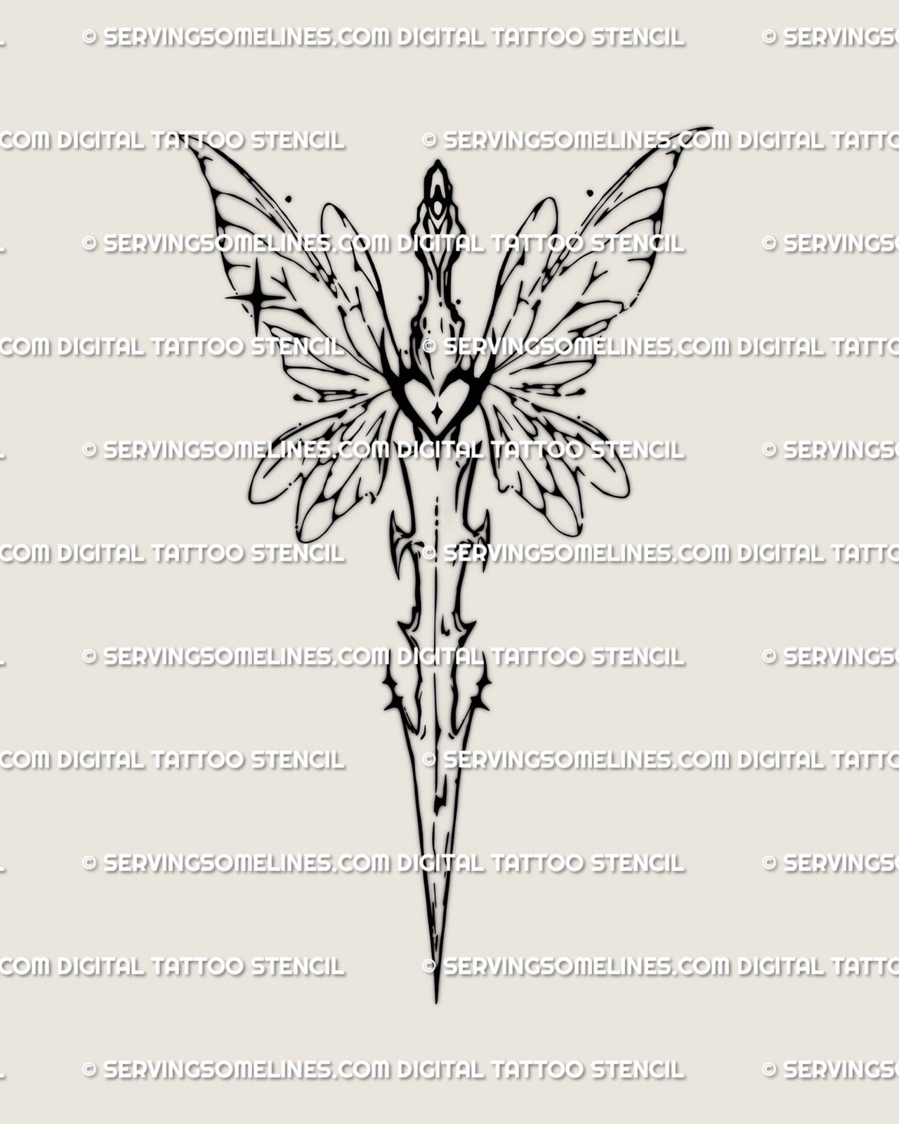 Fairy sword tattoo stencil design with wide airy wings, long sword silhouette, fineline details, clean printable layout.