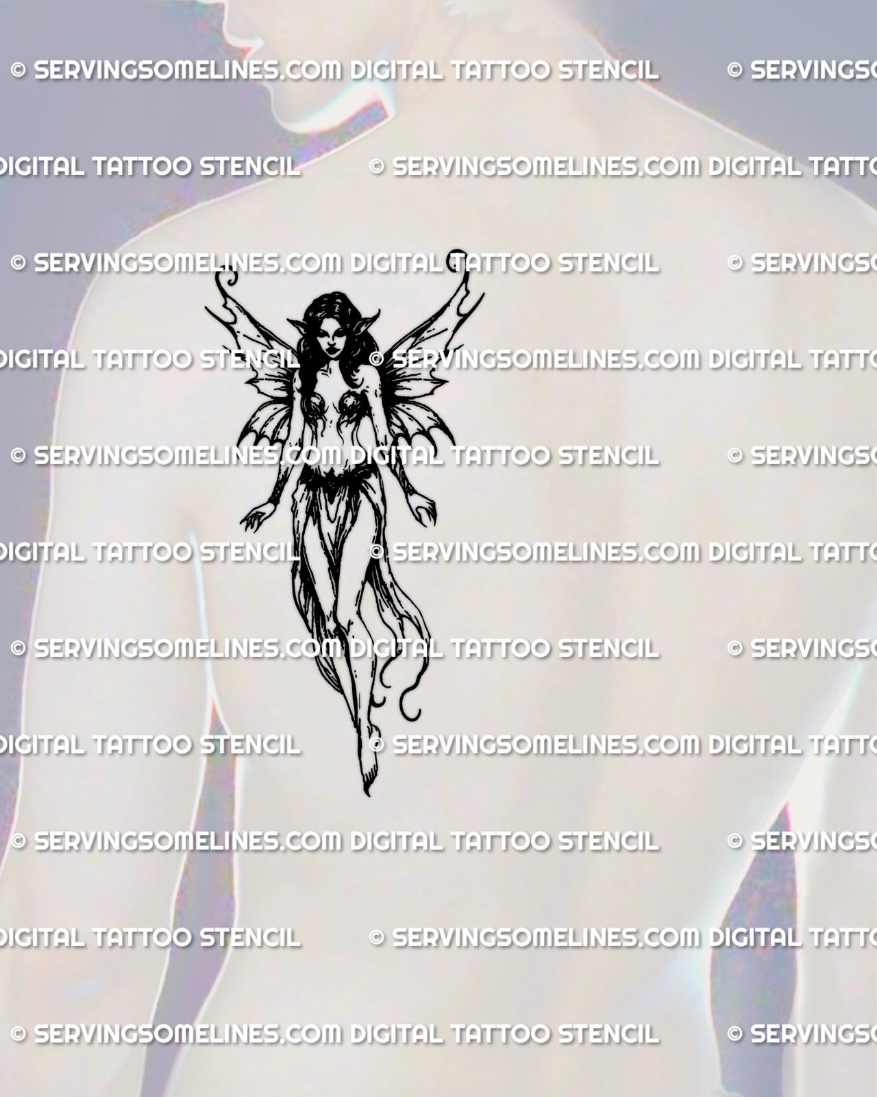 Gothic fairy tattoo shown on men’s shoulder blade, curled wing fantasy silhouette with medieval inspired linework for dark yet gentle fairycore style