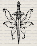 Fairy dagger tattoo stencil design with curled fairy wings and ornate gem hilt, clean fantasy linework ready for stencil use