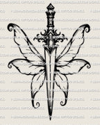 Fairy dagger tattoo stencil design with curled fairy wings and ornate gem hilt, clean fantasy linework ready for stencil use